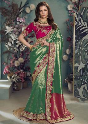 Green color designer border soft jacquard saree with designer blouse fabric 1
