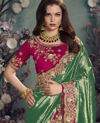 Green color designer border soft jacquard saree with designer blouse fabric 2