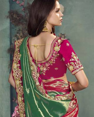 Green color designer border soft jacquard saree with designer blouse fabric 3