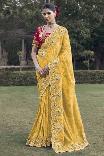 Yellow color designer border soft jacquard saree with designer blouse fabric
