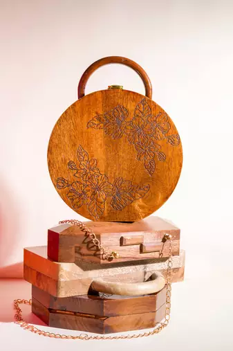 Tash Bags Round engraved bag in solid Sheesham wood