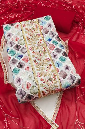 Multi pure cambric cotton embroidery dress material with dupatta