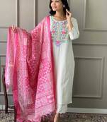 Off White Khadi Cotton Kurta Set with Floral Embroidery & Pink Khadi Silk Dupatta