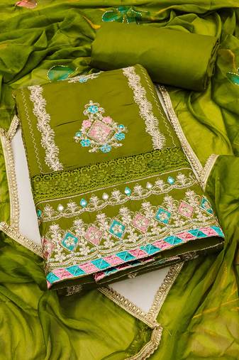 Green premium roman cotton embroidery dress material with dupatta