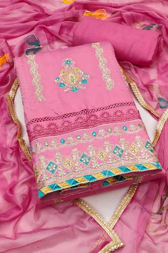 Pink premium roman cotton embroidery dress material with dupatta