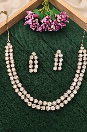 Mehendi polish double line cz diamond necklace set with earrings – beautiful look for her