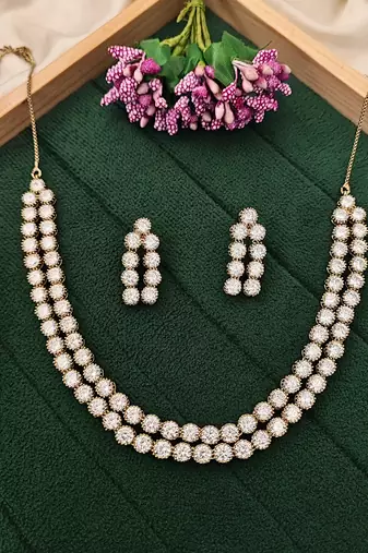 Mehendi polish double line cz diamond necklace set with earrings – beautiful look for her