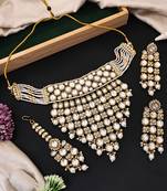Heavy kundan bridal choker necklace set with long earrings & maang tikka | pearl beaded wedding jewelry