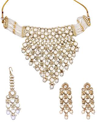 Heavy kundan bridal choker necklace set with long earrings & maang tikka | pearl beaded wedding jewelry 4