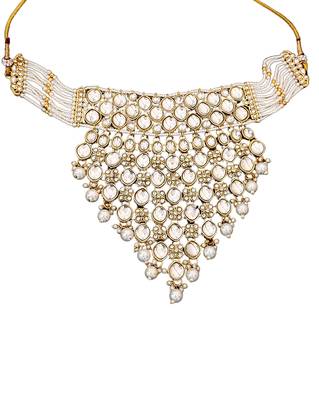 Heavy kundan bridal choker necklace set with long earrings & maang tikka | pearl beaded wedding jewelry 5