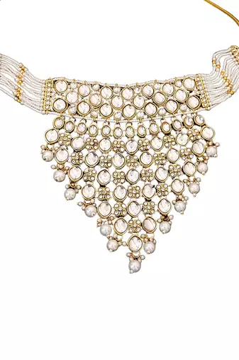 Heavy kundan bridal choker necklace set with long earrings & maang tikka | pearl beaded wedding jewelry