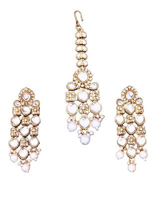 Heavy kundan bridal choker necklace set with long earrings & maang tikka | pearl beaded wedding jewelry 6