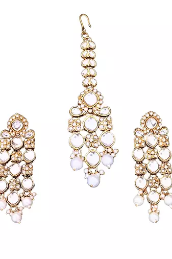 Heavy kundan bridal choker necklace set with long earrings & maang tikka | pearl beaded wedding jewelry