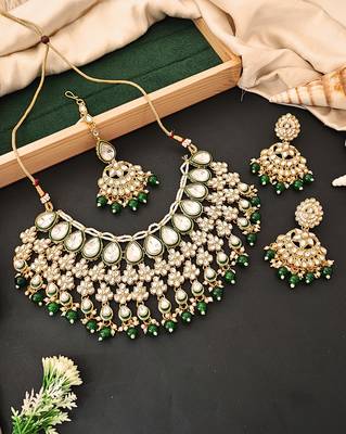 Traditional kundan bridal choker necklace set with green beads, earrings & maang tikka | pearl & stone work for her 1