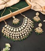Traditional kundan bridal choker necklace set with green beads, earrings & maang tikka | pearl & stone work for her