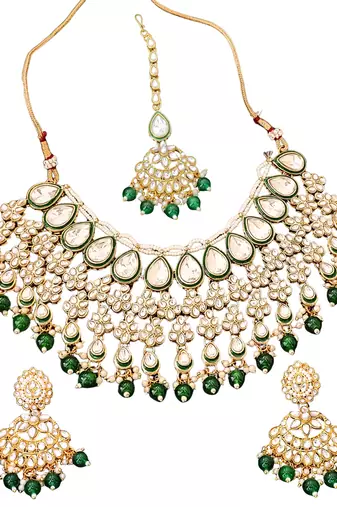 Traditional kundan bridal choker necklace set with green beads, earrings & maang tikka | pearl & stone work for her