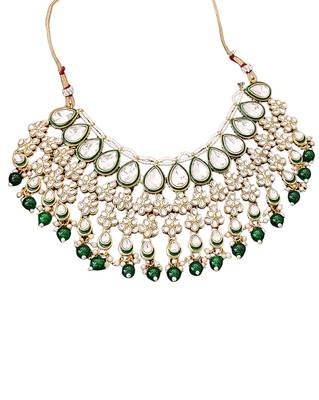 Traditional kundan bridal choker necklace set with green beads, earrings & maang tikka | pearl & stone work for her 5