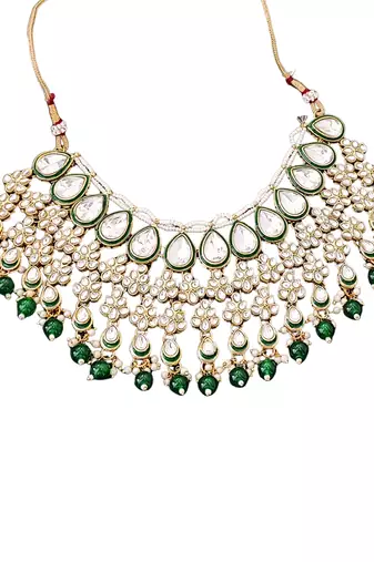 Traditional kundan bridal choker necklace set with green beads, earrings & maang tikka | pearl & stone work for her