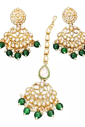 Traditional kundan bridal choker necklace set with green beads, earrings & maang tikka | pearl & stone work for her
