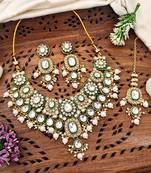 Kundan bridal jewelry set with necklace, earrings & maang tikka | green enamel & pearl work for wedding & festive wear