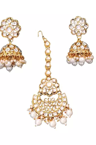 Elegant kundan bridal choker necklace, jhumka earrings & maang tikka | pearl beaded beautiful indian wedding jewelry