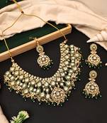 Royal kundan bridal necklace set with green beads, earrings & maang tikka | indian jewelry with pearl & stone detailing