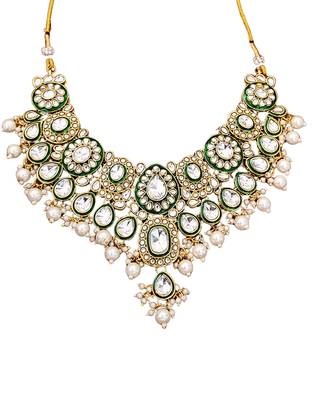 Kundan bridal jewelry set with necklace, earrings & maang tikka | green enamel & pearl work for wedding & festive wear 5
