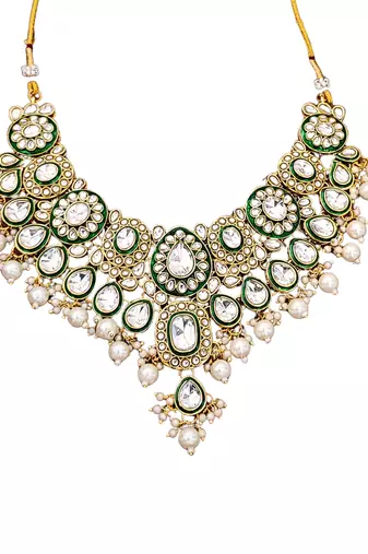 Kundan bridal jewelry set with necklace, earrings & maang tikka | green enamel & pearl work for wedding & festive wear