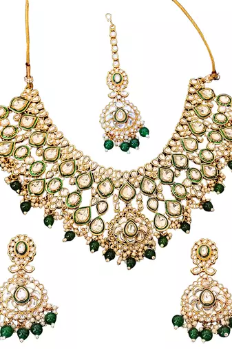 Royal kundan bridal necklace set with green beads, earrings & maang tikka | indian jewelry with pearl & stone detailing