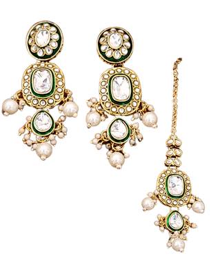 Kundan bridal jewelry set with necklace, earrings & maang tikka | green enamel & pearl work for wedding & festive wear 6