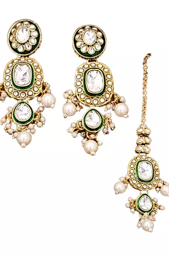 Kundan bridal jewelry set with necklace, earrings & maang tikka | green enamel & pearl work for wedding & festive wear