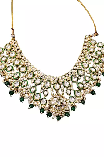 Royal kundan bridal necklace set with green beads, earrings & maang tikka | indian jewelry with pearl & stone detailing