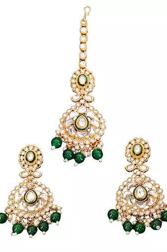 Royal kundan bridal necklace set with green beads, earrings & maang tikka | indian jewelry with pearl & stone detailing