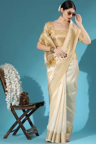 Cream color zari woven temple border assam silk saree with blouse