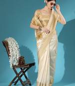 Cream color zari woven temple border assam silk saree with blouse