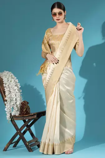 Cream zari woven temple border assam silk blend saree with blouse
