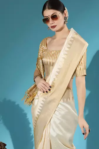 Cream zari woven temple border assam silk blend saree with blouse