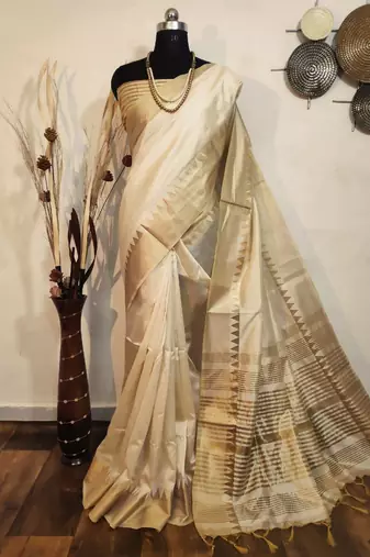 Cream zari woven temple border assam silk blend saree with blouse