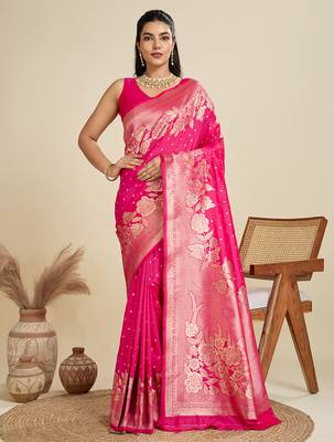 Pink color zari woven kanjivaram silk blend saree with blouse 1
