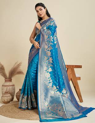 Sky blue color zari woven kanjivaram silk blend saree with blouse 3