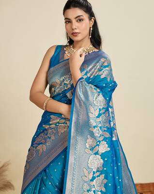 Sky blue color zari woven kanjivaram silk blend saree with blouse 4
