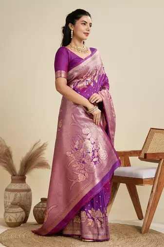 Light purple color zari woven kanjivaram silk blend saree with blouse
