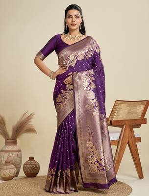 Purple color zari woven kanjivaram silk blend saree with blouse 1