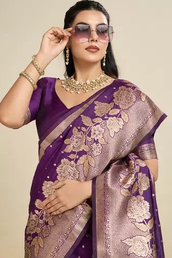 Purple color zari woven kanjivaram silk blend saree with blouse