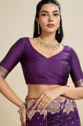 Purple color zari woven kanjivaram silk blend saree with blouse