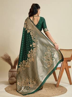 Green color zari woven kanjivaram silk blend saree with blouse 2
