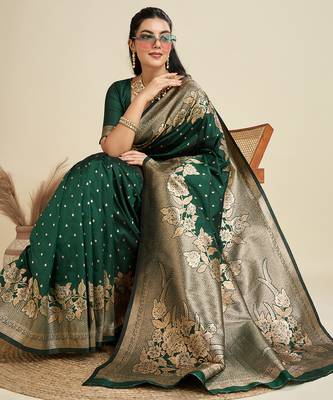 Green color zari woven kanjivaram silk blend saree with blouse 3