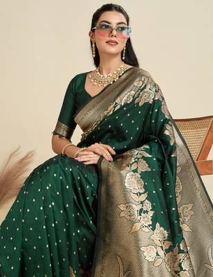 Green color zari woven kanjivaram silk blend saree with blouse 4