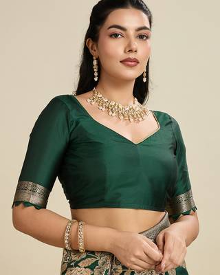 Green color zari woven kanjivaram silk blend saree with blouse 5