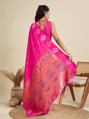 Pink silver & gold zari woven kanjivaram silk blend saree with blouse 2